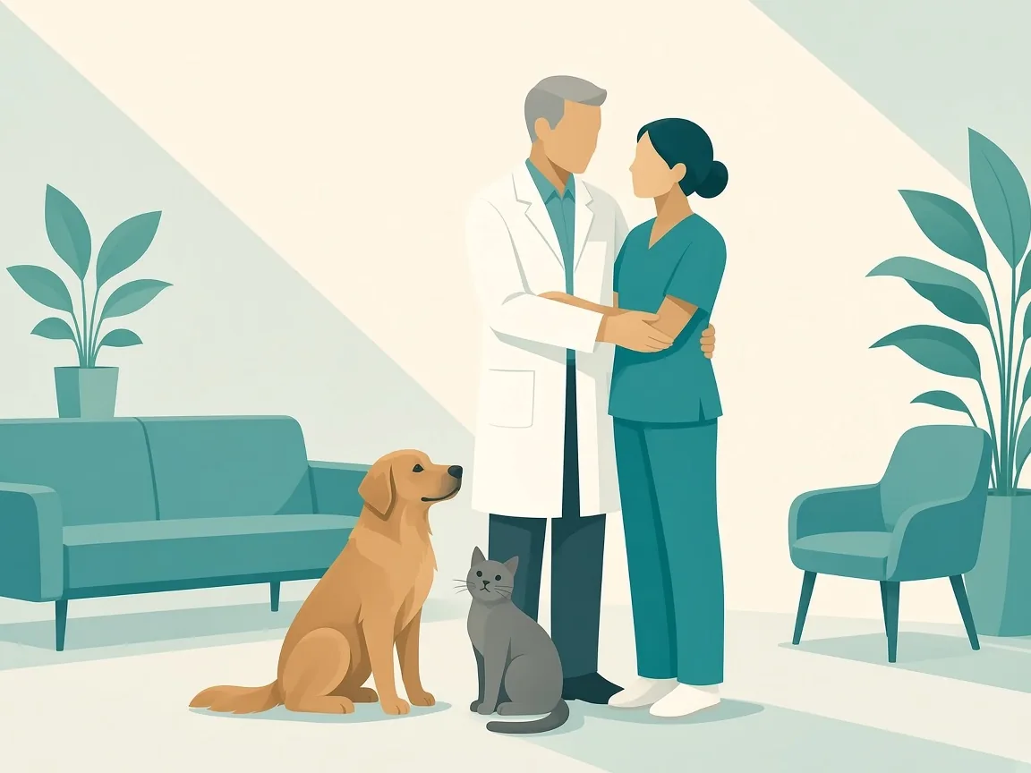 Illustration of two generations of veterinarians with a dog and a cat