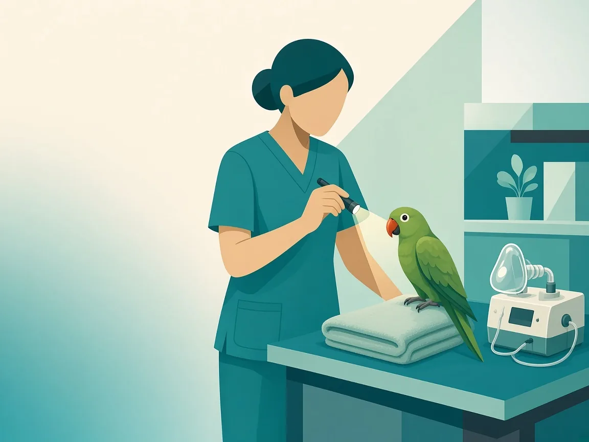 Illustration of an avian veterinarian examining a parakeet beside a nebulizer