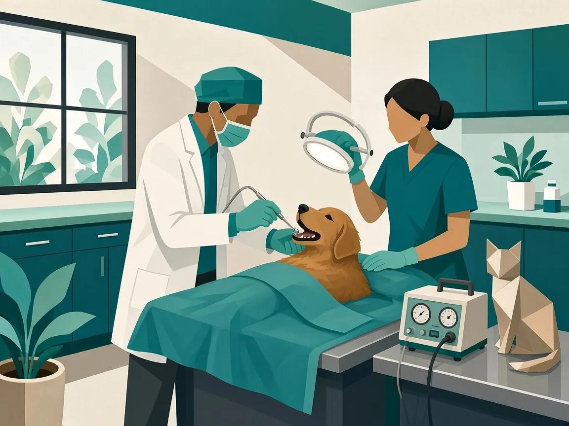 Illustration of a veterinary dental scaling procedure on a dog
