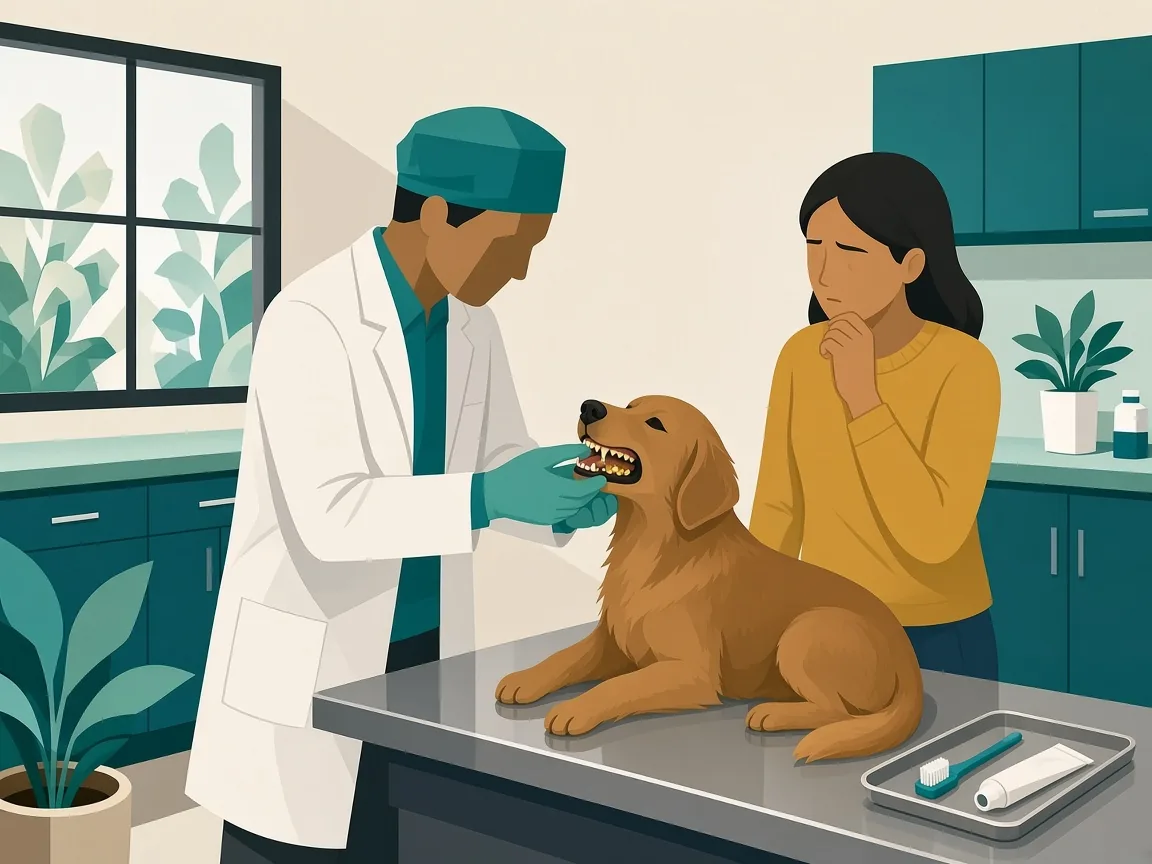 Illustration of a veterinarian checking a dog’s teeth for tartar while a parent watches