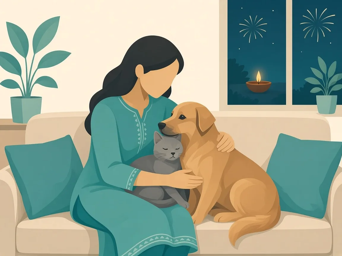 Illustration of a pet parent comforting a dog and a cat indoors during Diwali