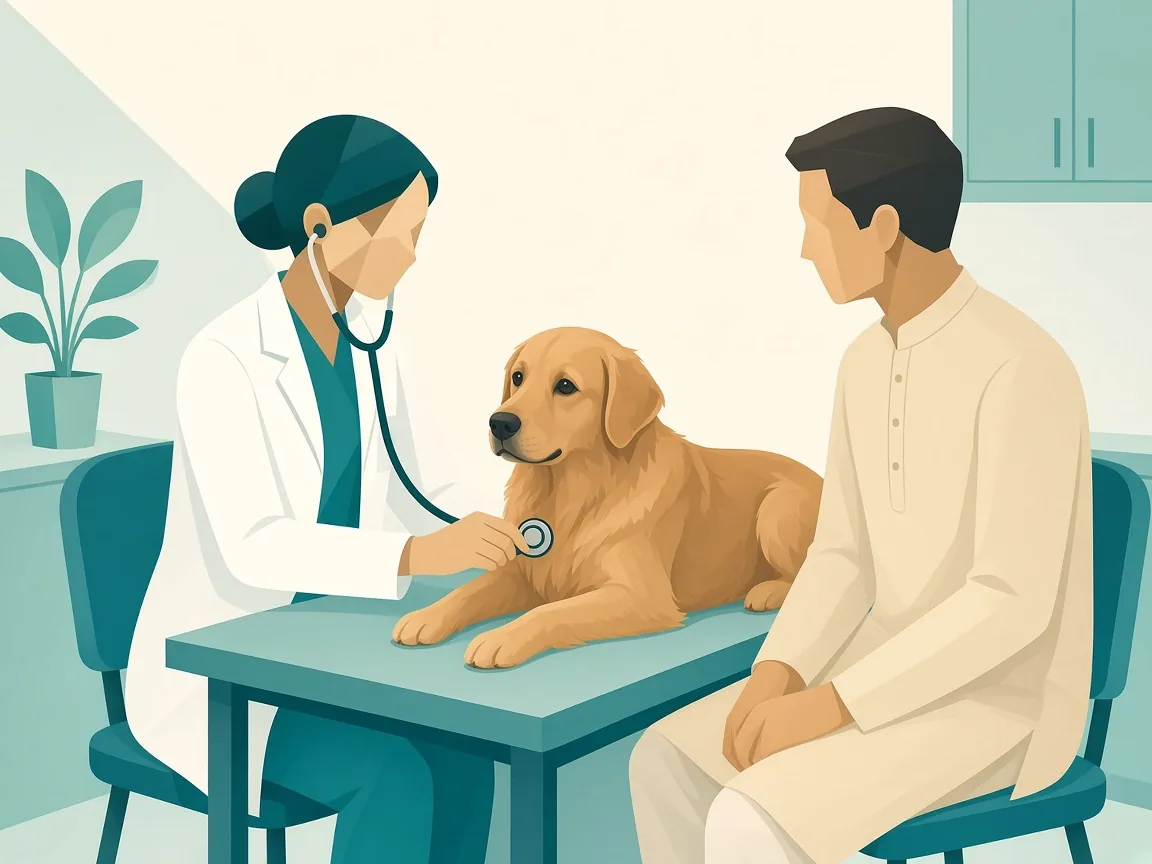 Illustration of a veterinarian listening to a senior dog’s heart with a stethoscope