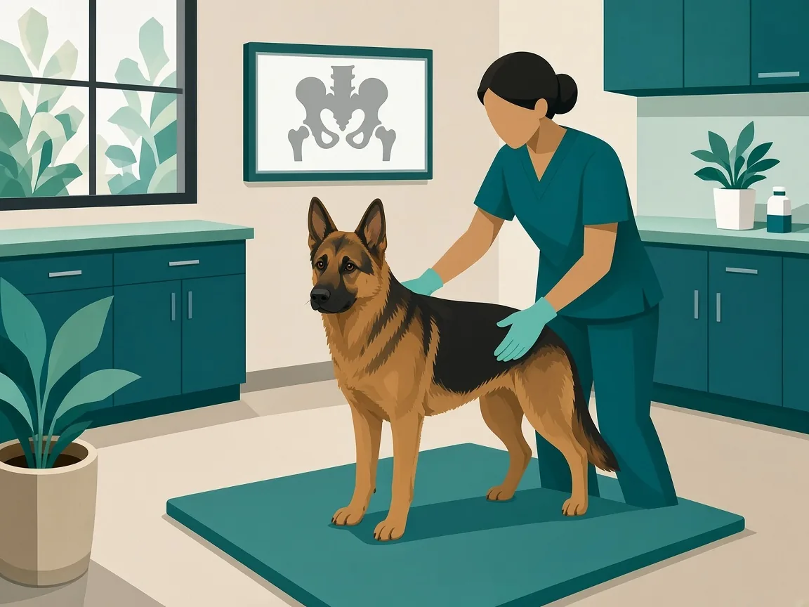 Illustration of a veterinarian examining a large dog’s hip beside a hip X-ray