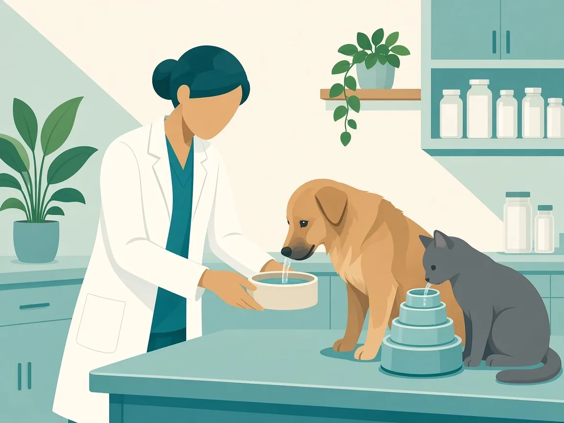 Illustration of a dog and a cat drinking water with a veterinarian offering a bowl