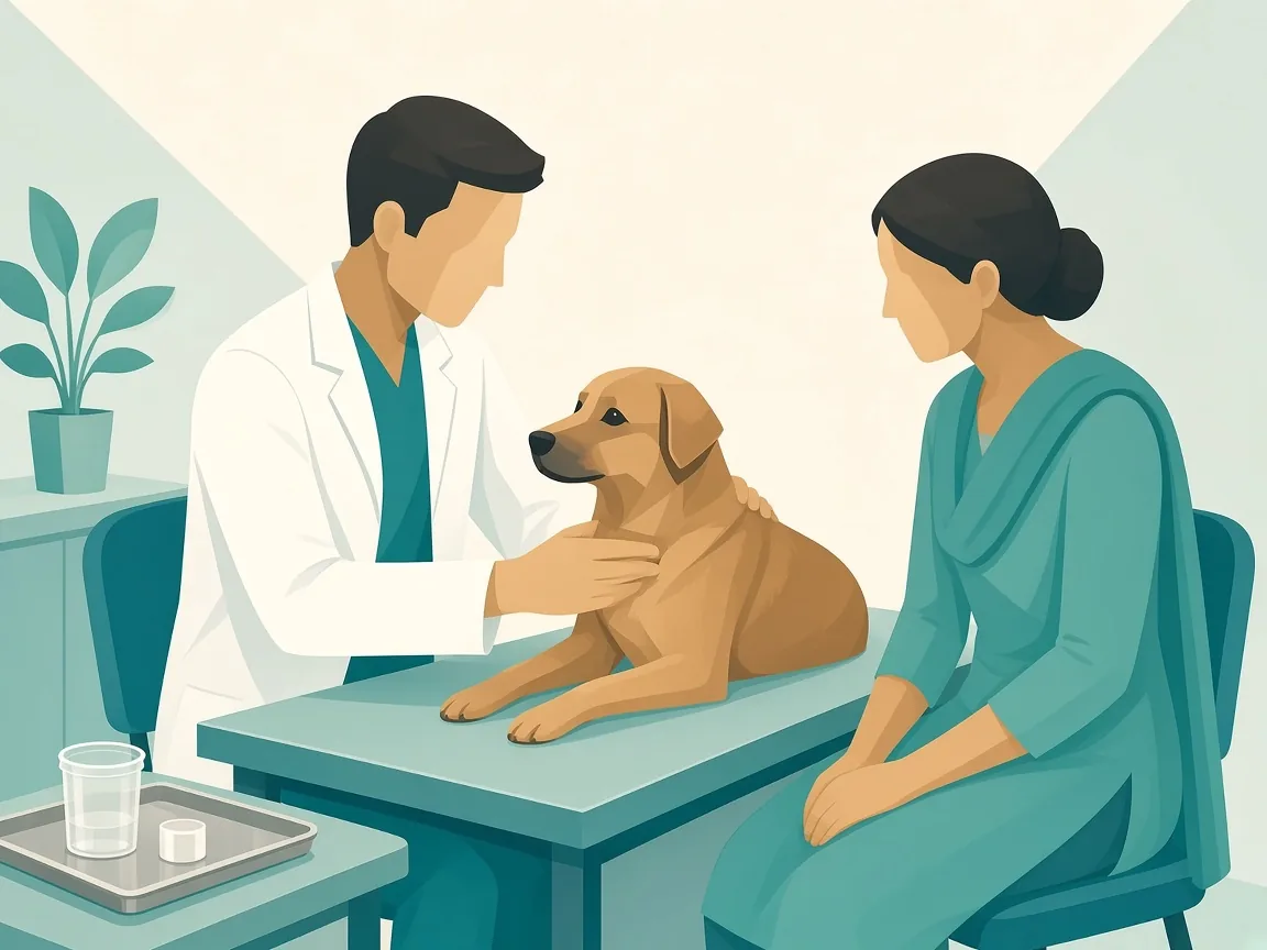 Illustration of a veterinarian examining a dog during a digestive-health consult