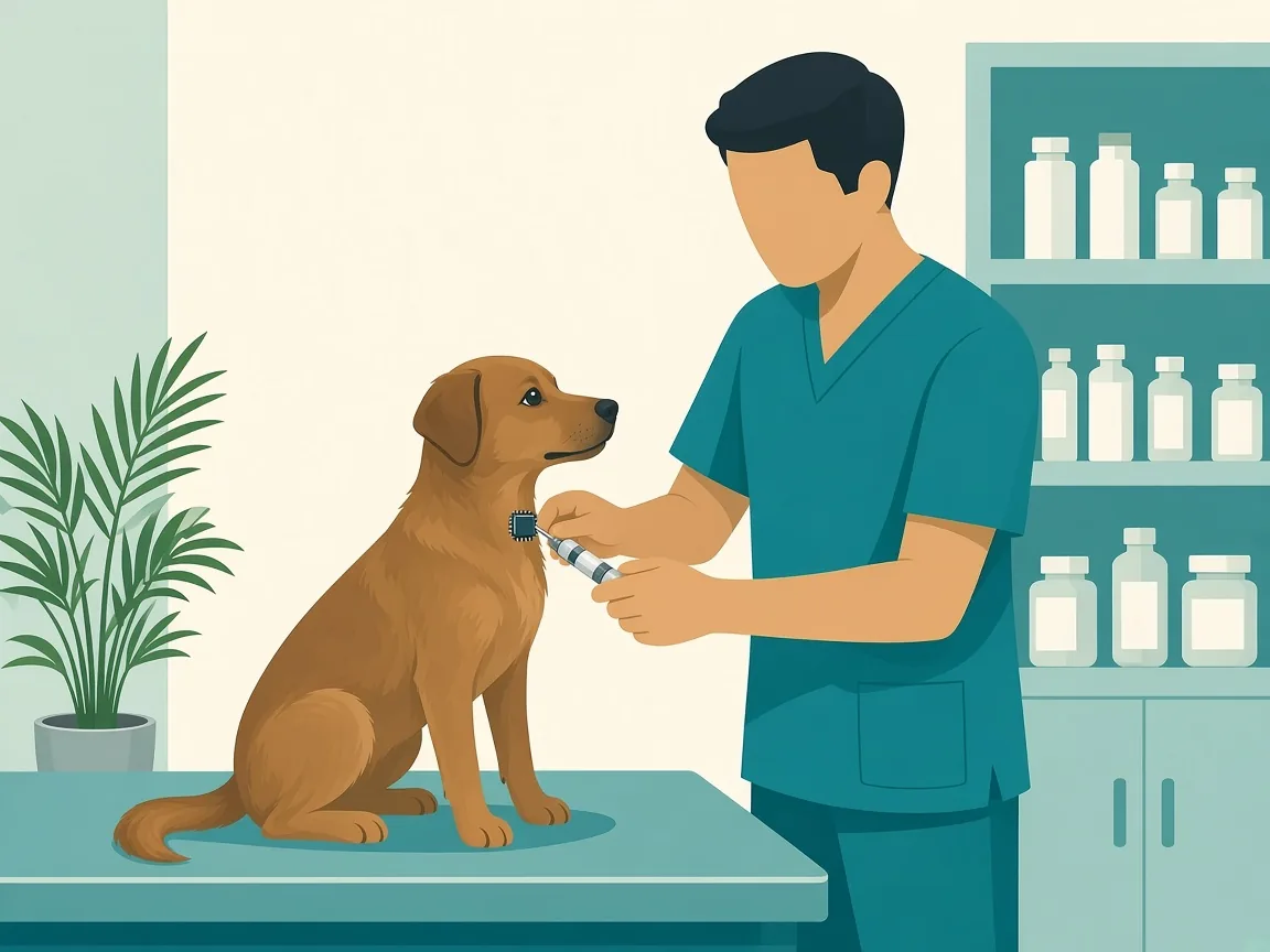 Illustration of a veterinarian implanting a microchip in a small dog at a Chennai clinic