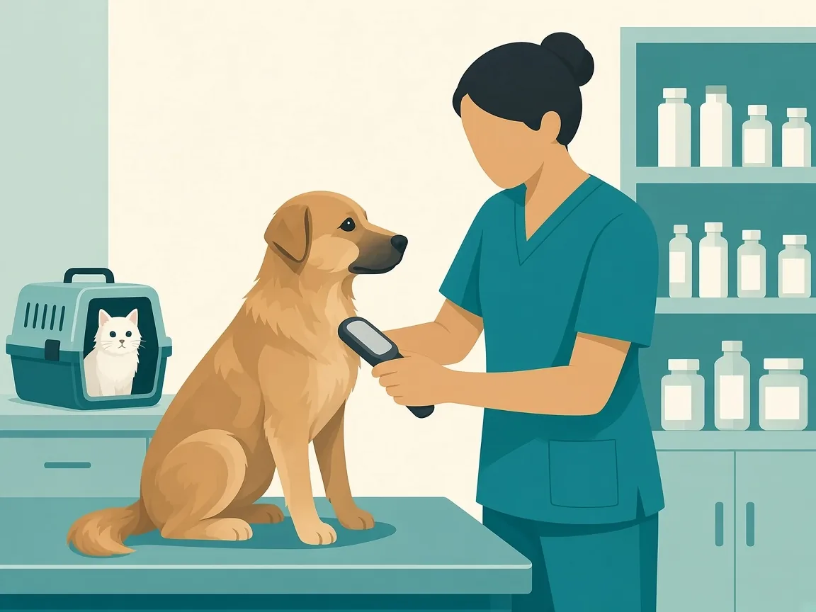 Illustration of a veterinarian scanning a dog for a microchip while a cat waits in a carrier