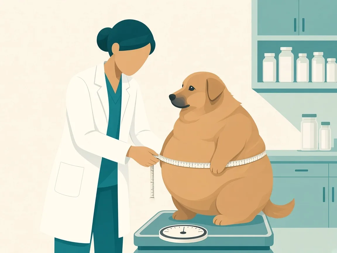 Illustration of a veterinarian measuring an overweight dog on a scale