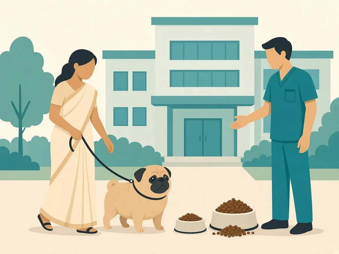 Illustration of a pet parent walking an overweight pug while a veterinarian demonstrates portion bowls