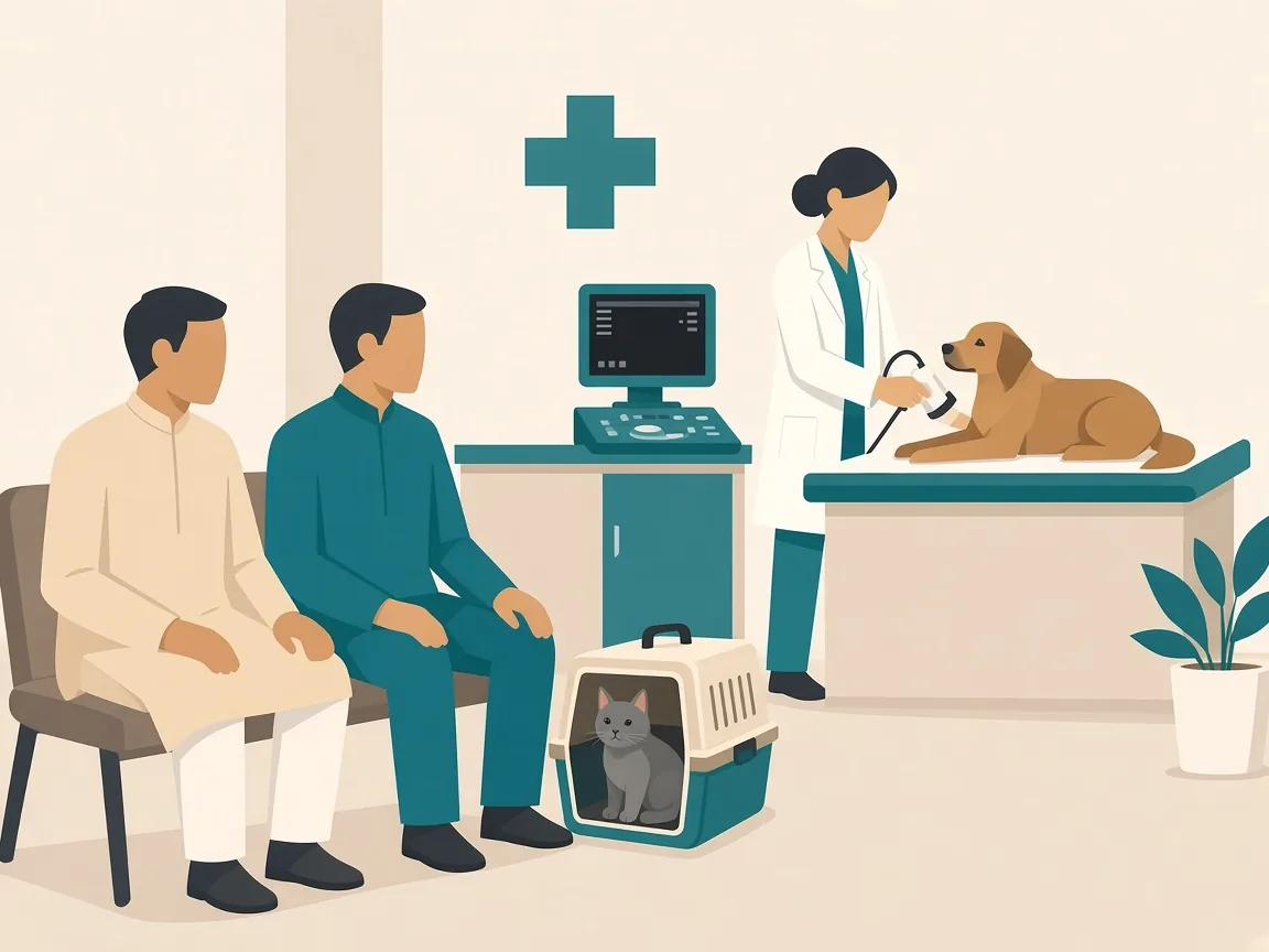 Illustration of a pet heart screening camp with families waiting and a veterinarian examining a dog