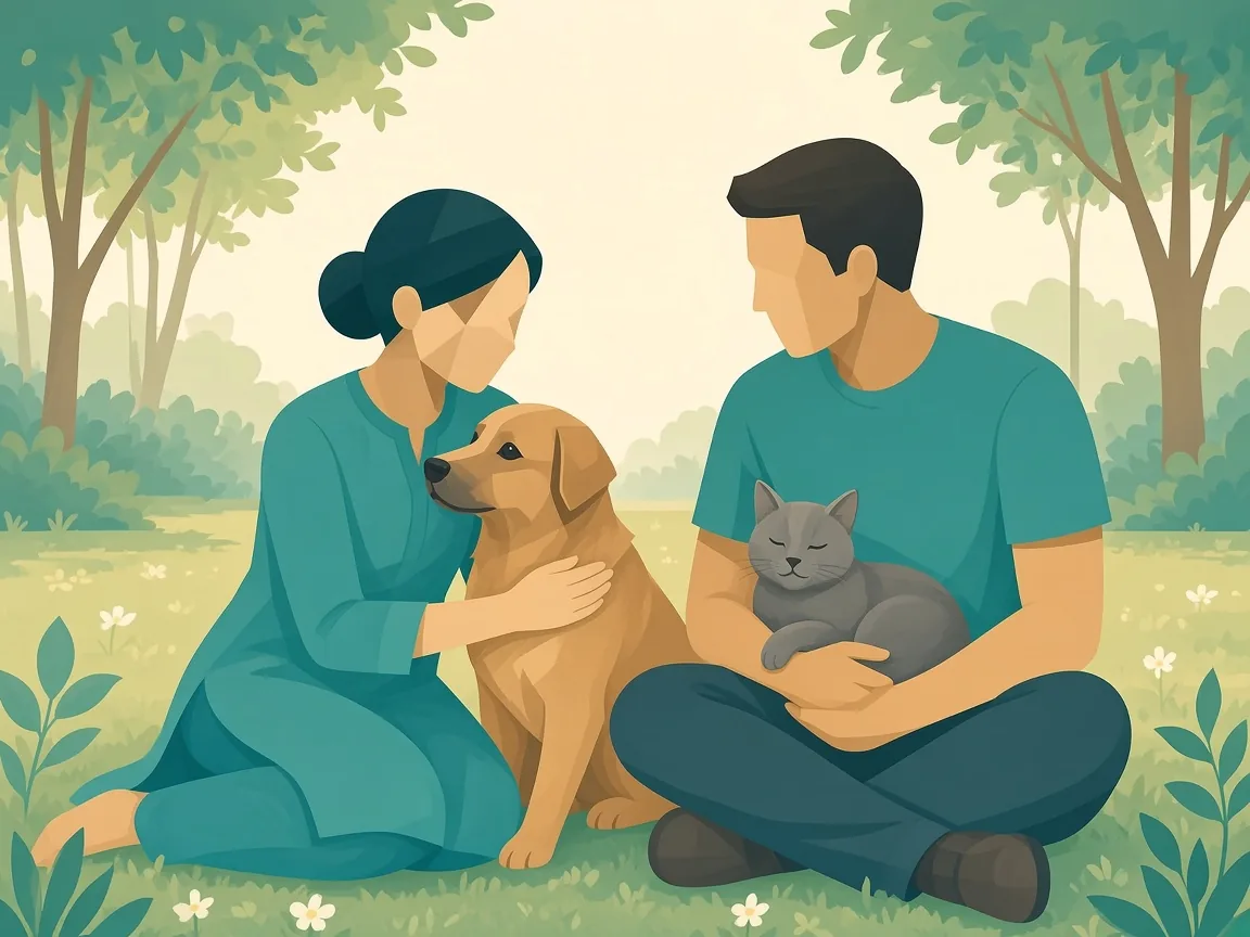 Illustration of a family in a park hugging a dog and a cat