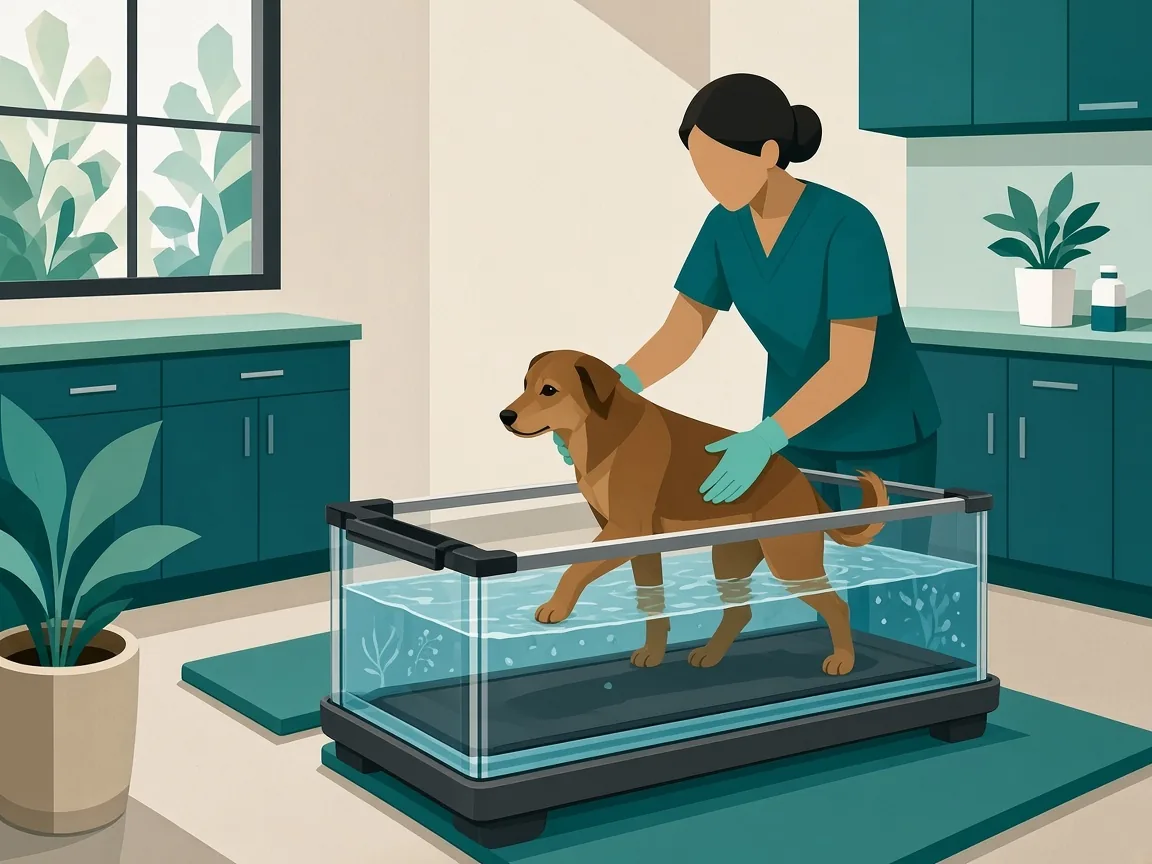 Illustration of a dog in an underwater treadmill with a veterinary physiotherapist