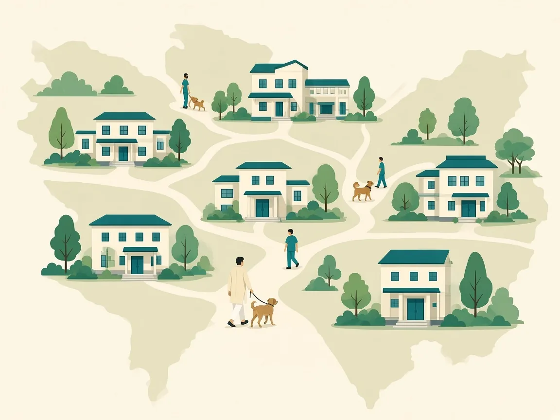 Illustration of SKS hospitals across a landscape, with families walking pets