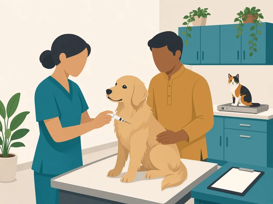 Illustration of a puppy vaccination and a cat on a wellness scale
