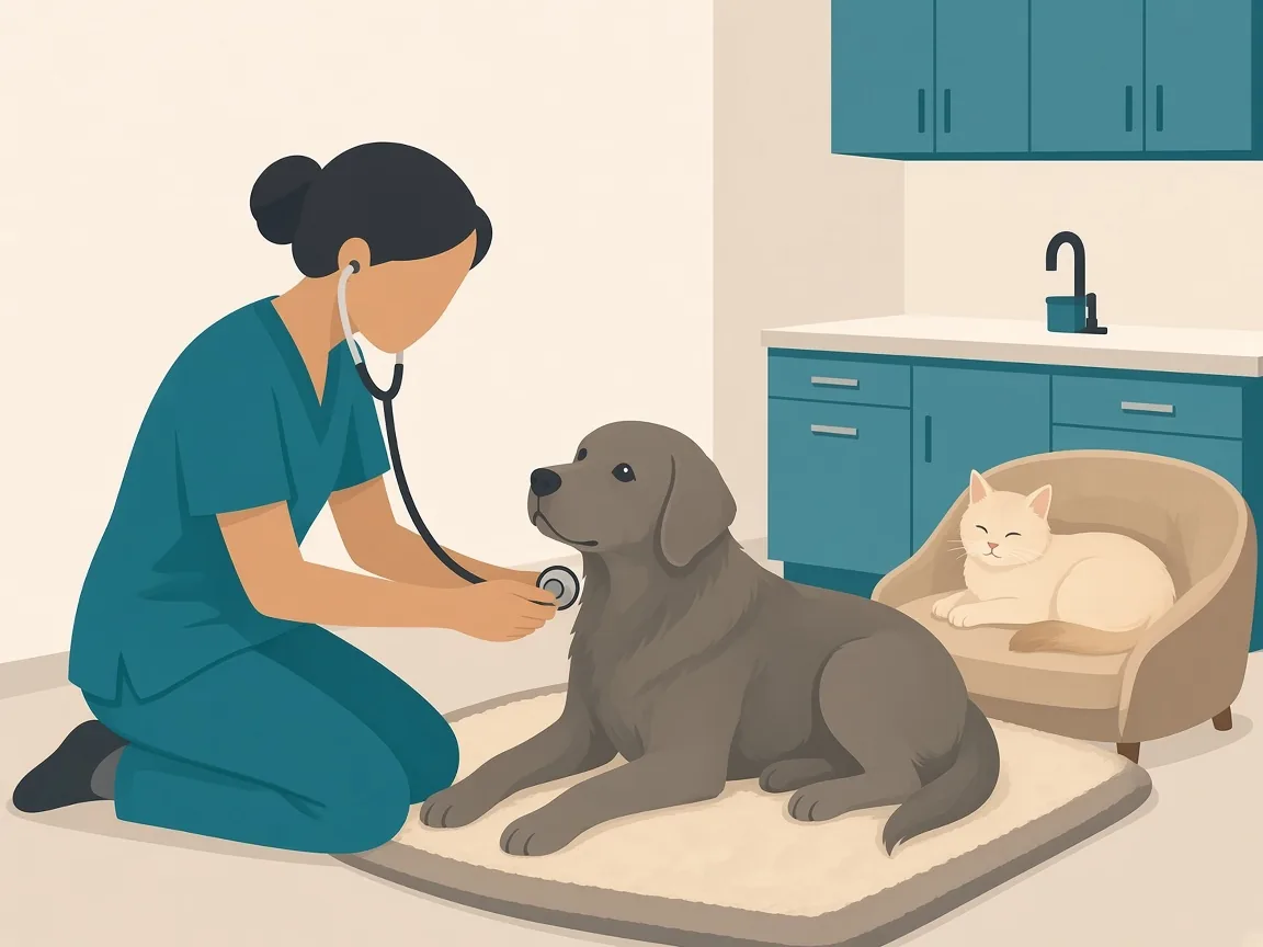 Illustration of a veterinarian gently examining a senior dog beside an older cat