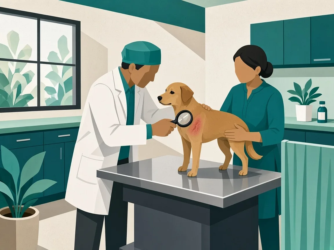 Illustration of a veterinarian examining an itchy dog’s skin with a magnifier