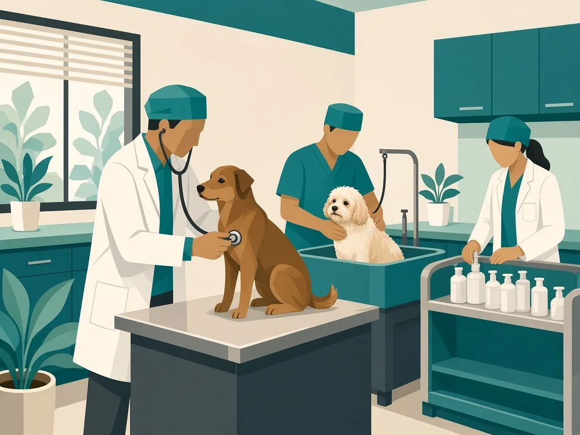 Illustration of consult, grooming, and pharmacy stations inside an SKS hospital