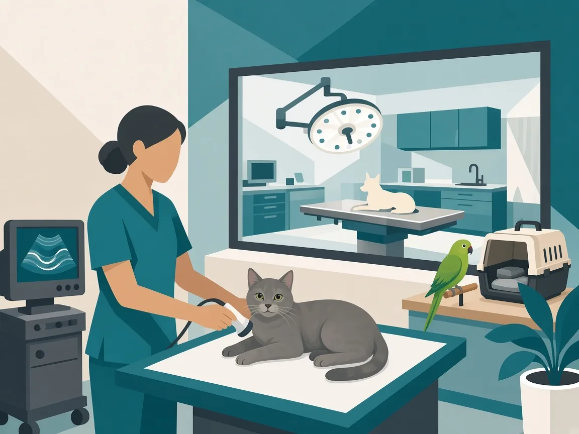 Illustration of ultrasound on a cat, with a bird nearby and a surgical suite beyond