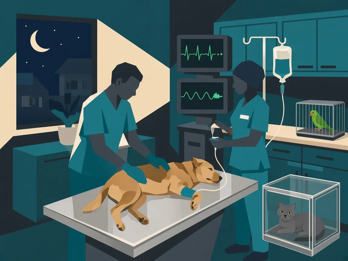 Illustration of emergency veterinarians providing ICU care to a dog, with a cat and a bird nearby