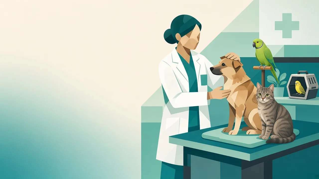 Illustrated veterinarian examining a dog, a cat, and birds in an SKS consultation room