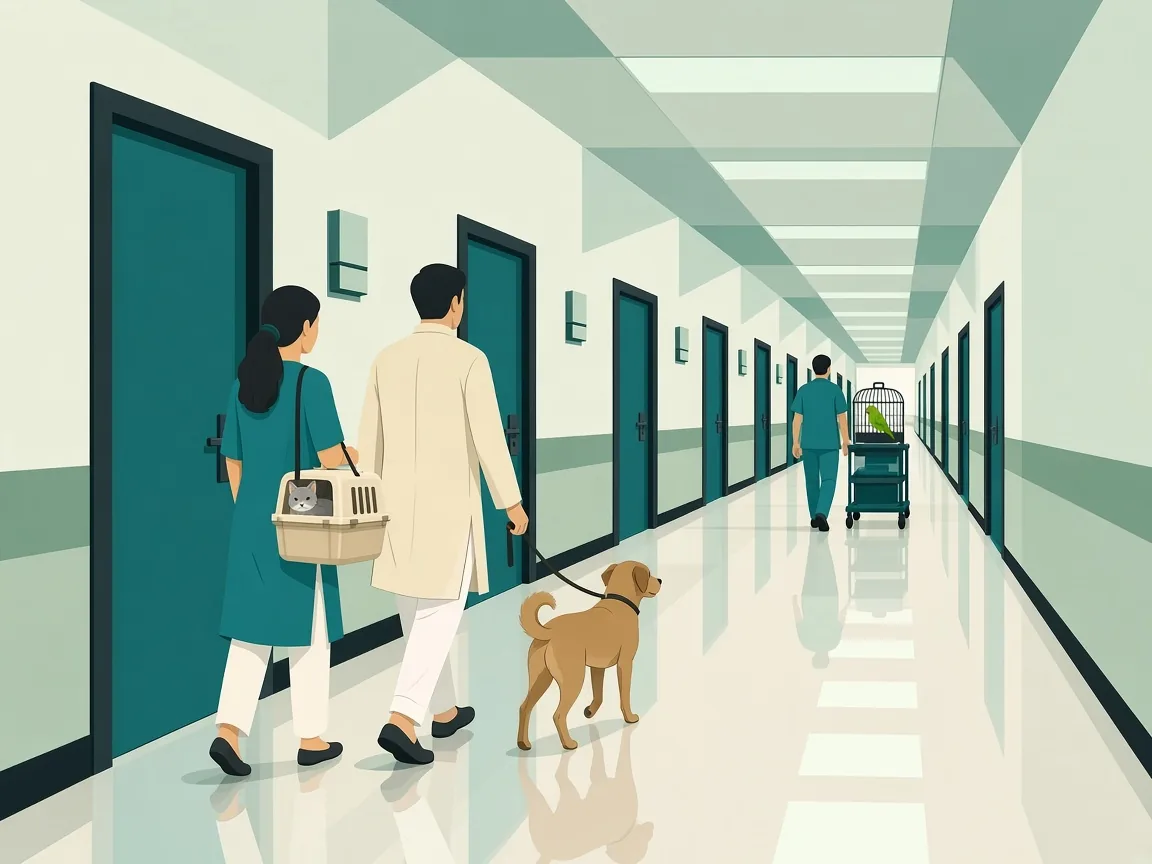 Illustration of pet parents walking a dog and carrying a cat through an SKS hospital corridor