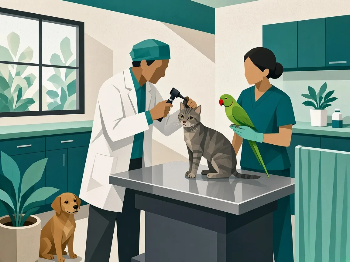 Illustration of veterinary specialists examining a cat and a parrot, with a dog nearby