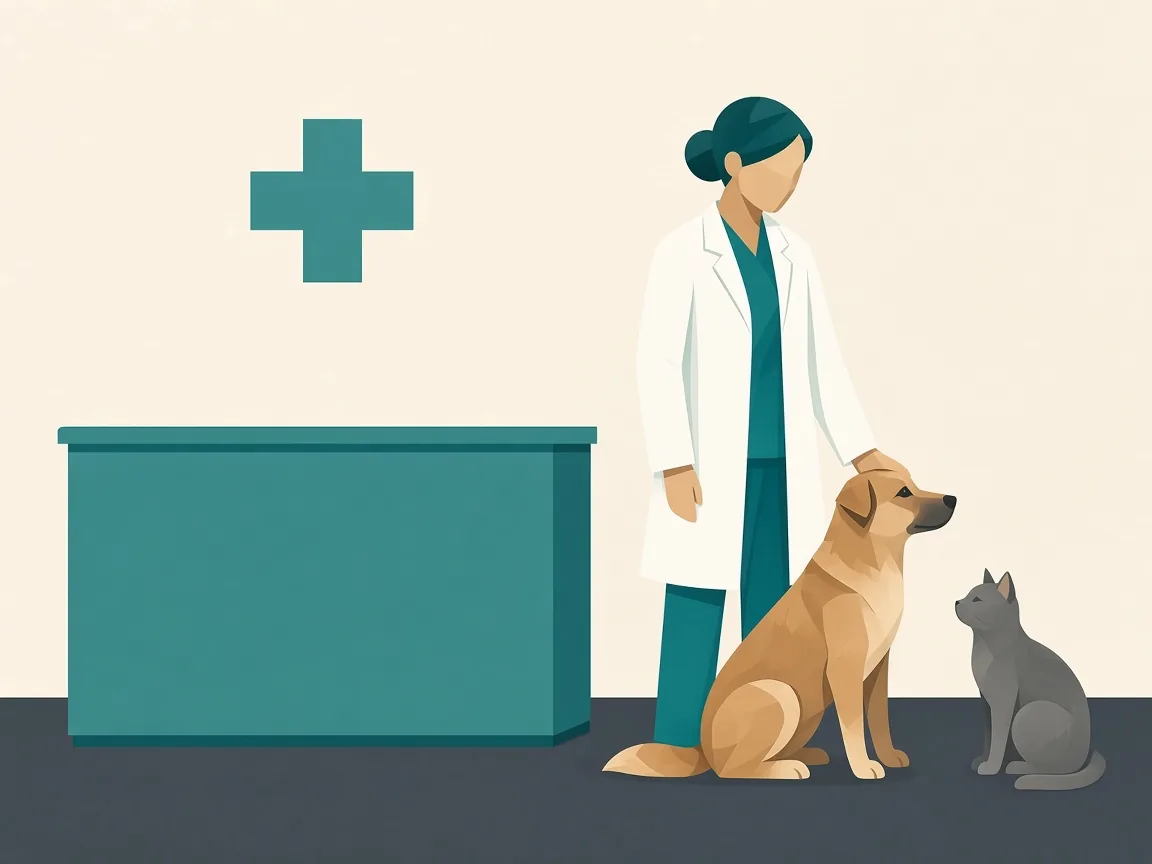 Illustration of an SKS waiting room with a veterinarian, a dog, and a cat