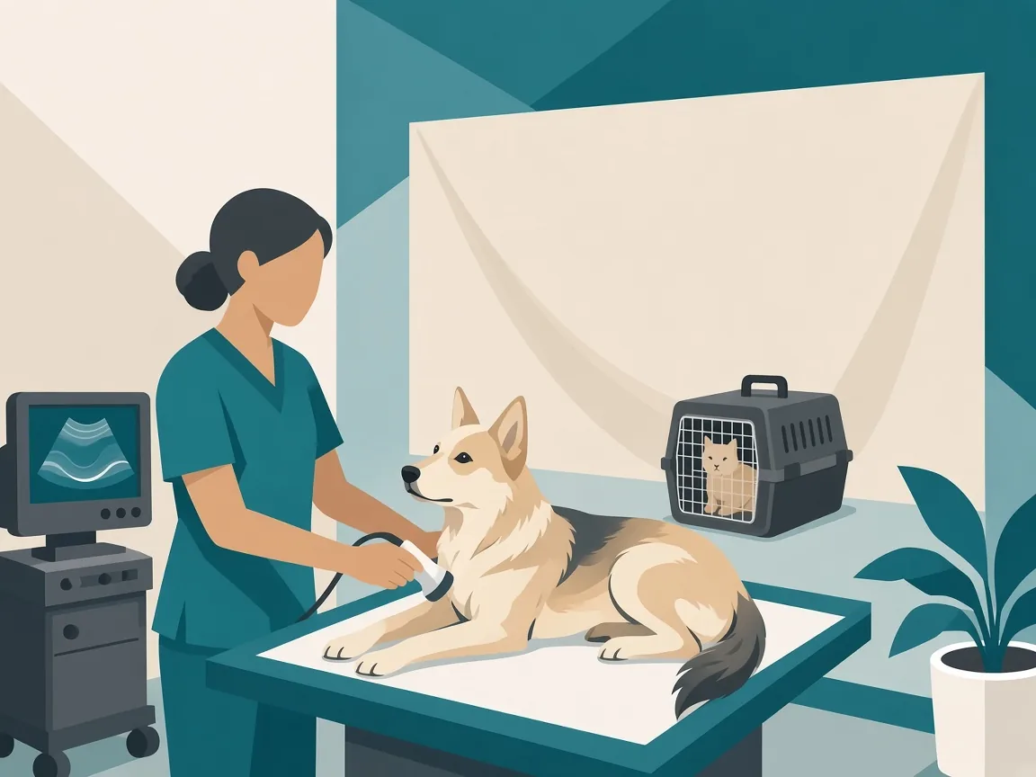 Illustration of a veterinarian performing cardiac ultrasound on a dog