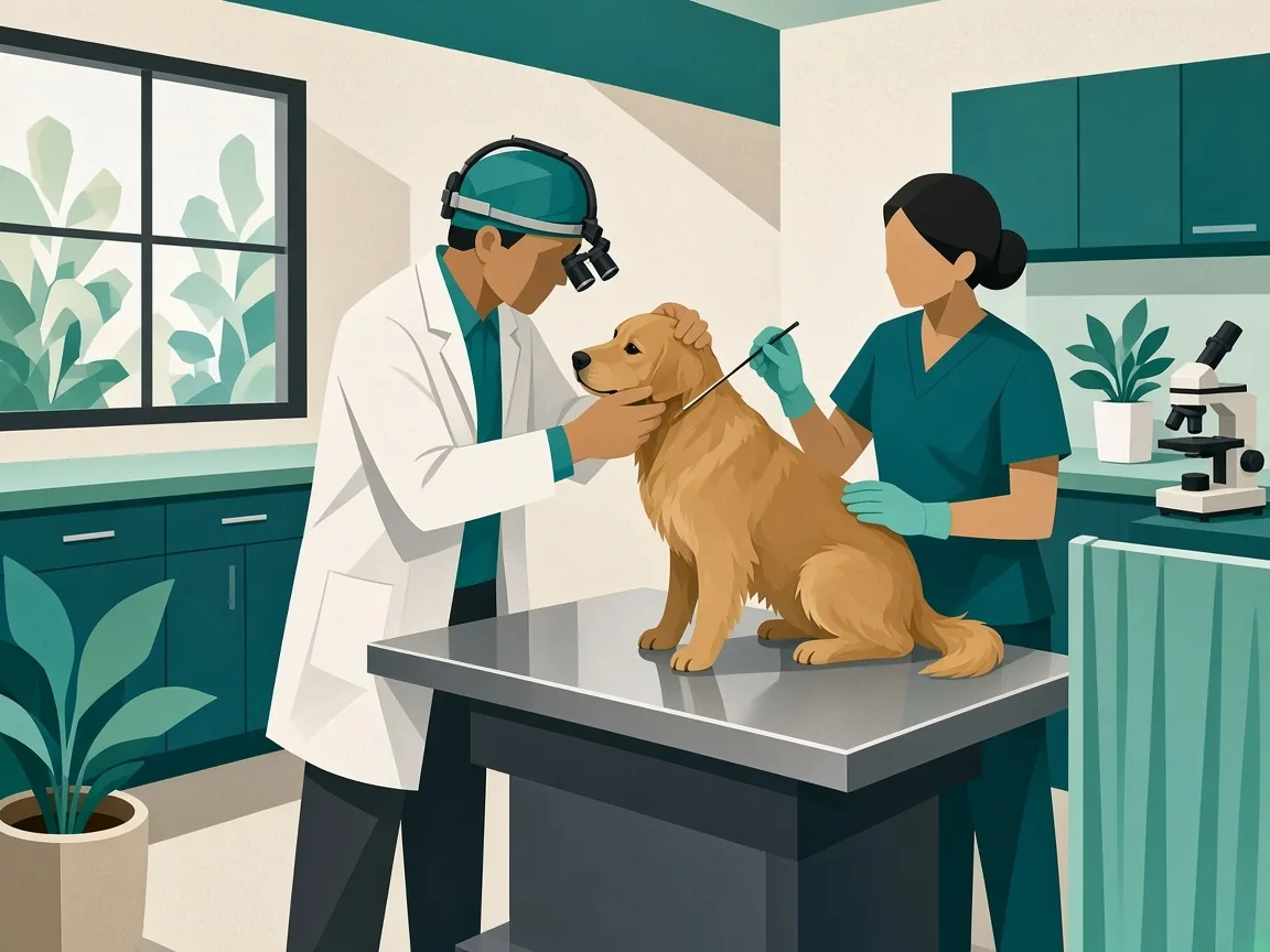 Illustration of a dermatology specialist examining a dog’s skin and ear