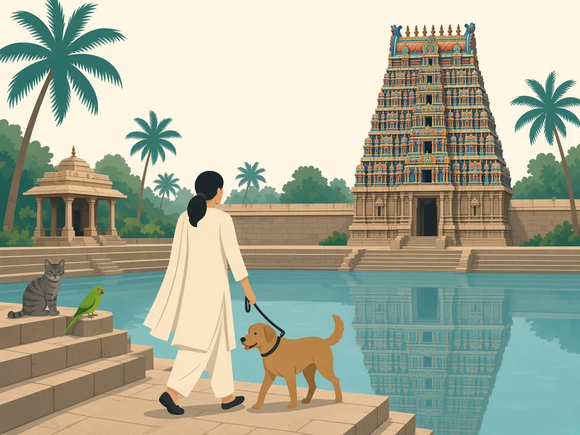 Illustration of pets at the Kapaleeshwarar Temple tank in Mylapore, near Abiramapuram