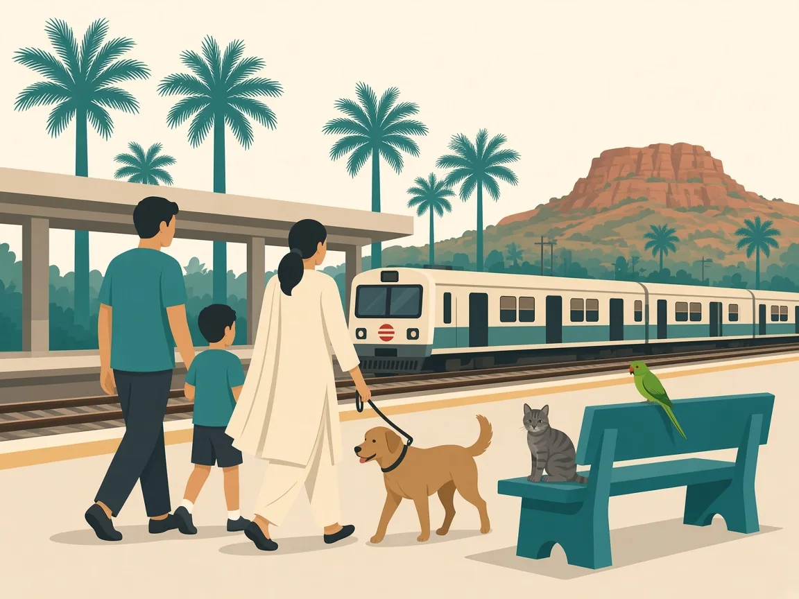 Illustration of pets at a Chromepet suburban railway platform
