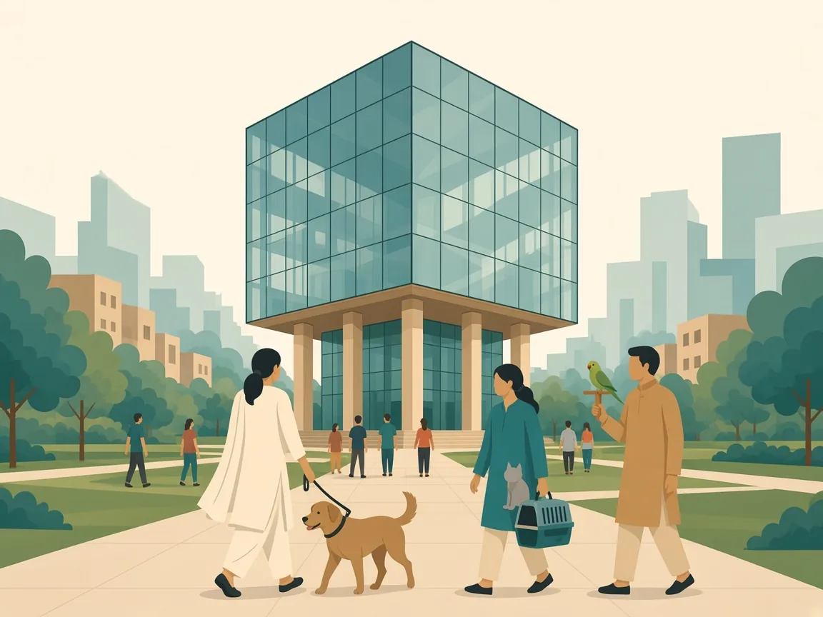 Illustration of pets on the lawns of Hyderabad’s Cyber Towers in Madhapur