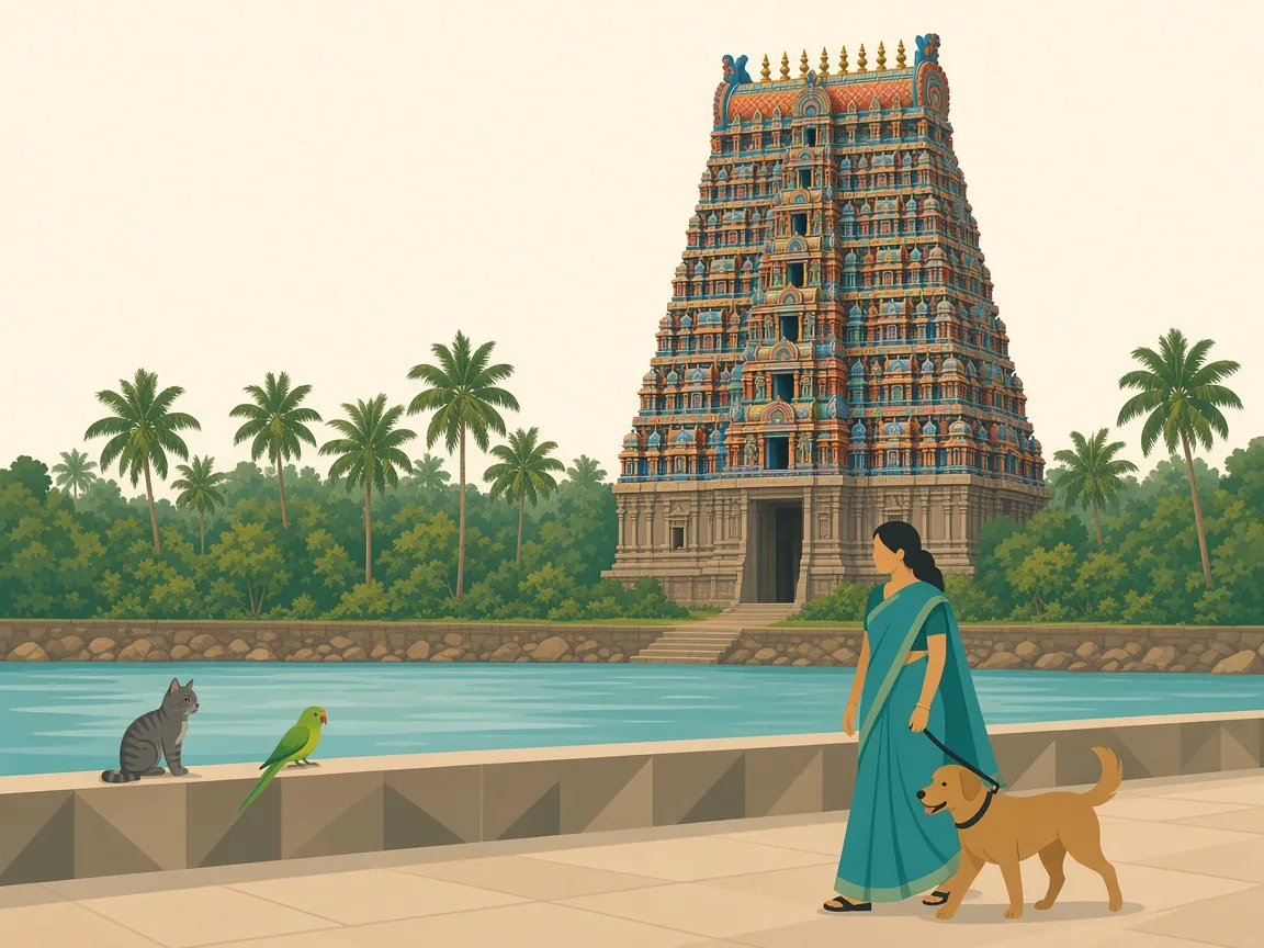 Illustration of pets by the Cauvery with Srirangam’s gopuram beyond