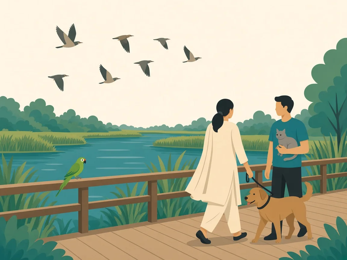 Illustration of pets on a boardwalk at Okhla Bird Sanctuary, Noida