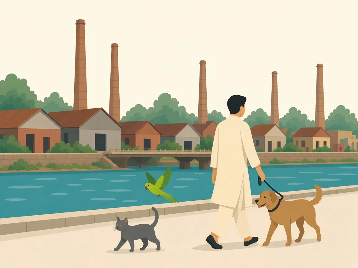 Illustration of pets by the Noyyal river and mill chimneys in Odakkadu, Tiruppur