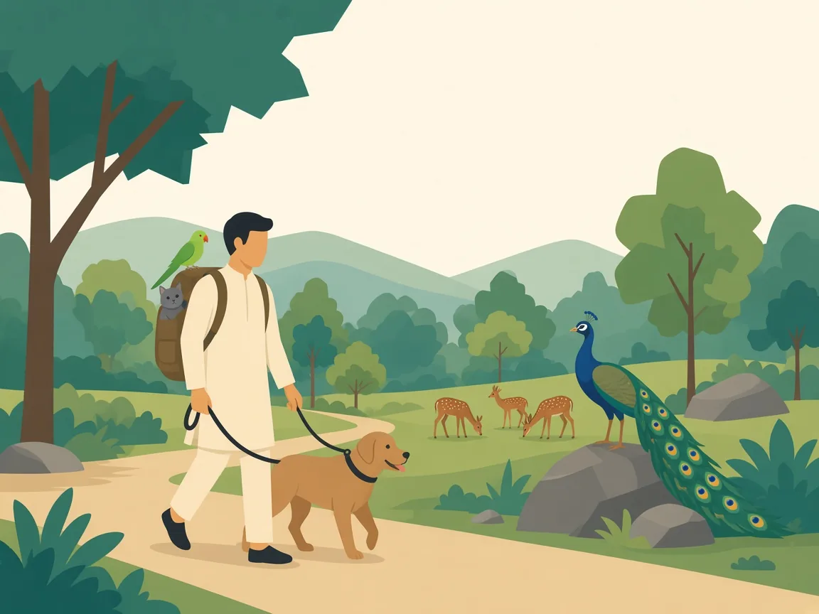 Illustration of pets on a trail in the Bannerghatta forest hills