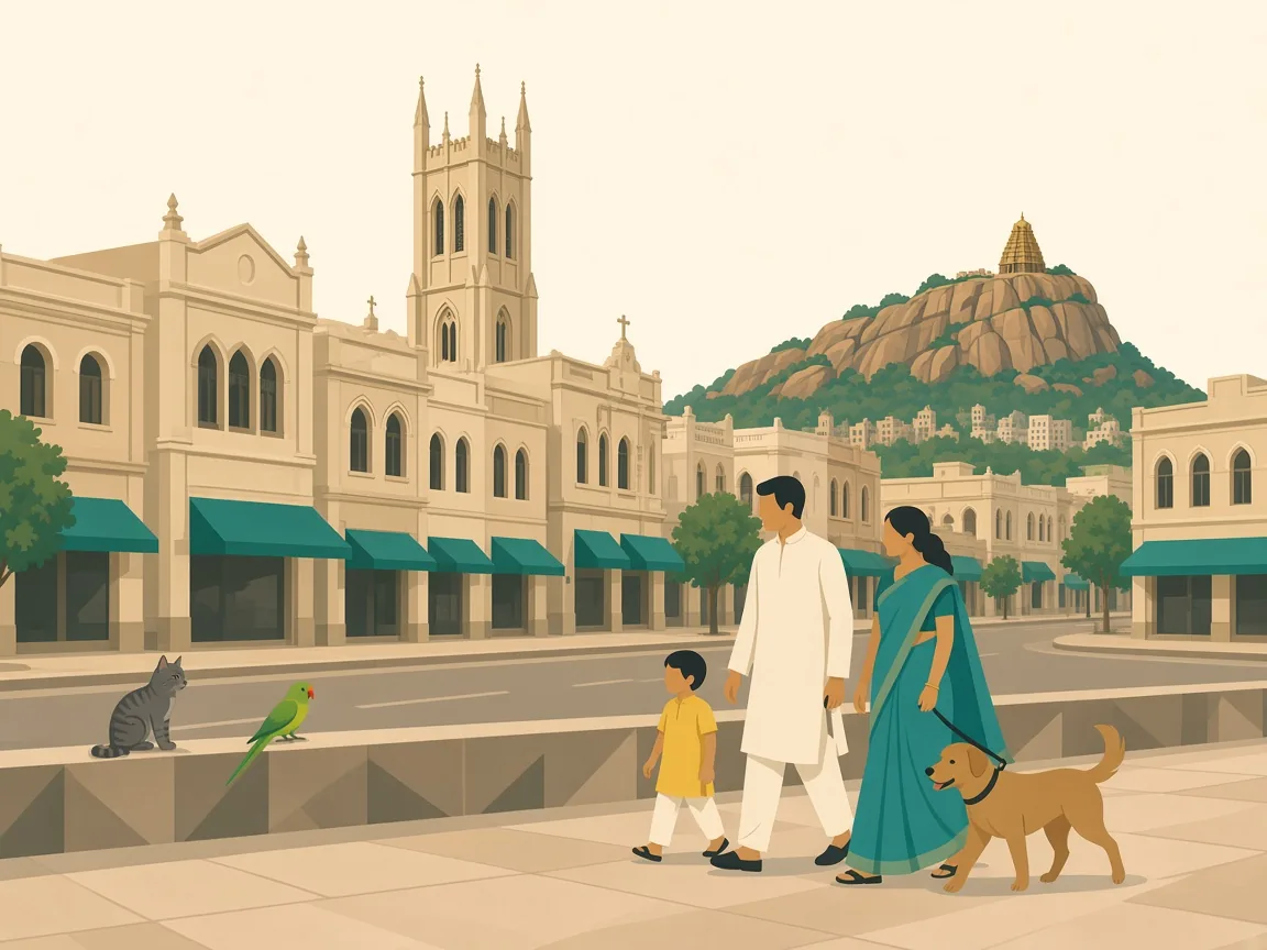 Illustration of pets on a Thillai Nagar street with Rockfort in the distance