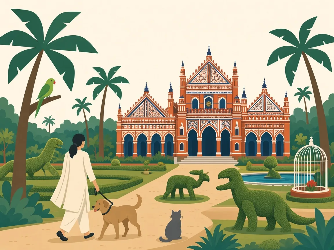 Illustration of pets in the gardens of Thiruvananthapuram’s Napier Museum