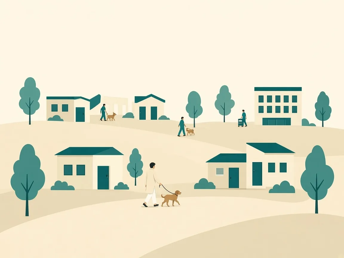 Illustration of SKS hospitals across a landscape, with families walking pets