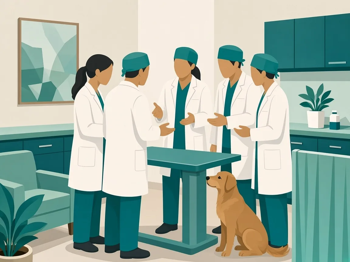 Illustration of SKS veterinarians gathered with a golden dog