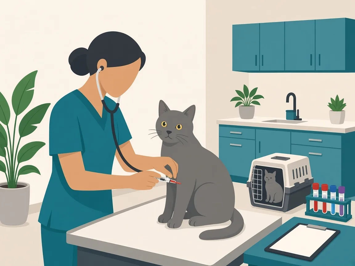 Illustration of a veterinarian collecting a blood sample from a cat