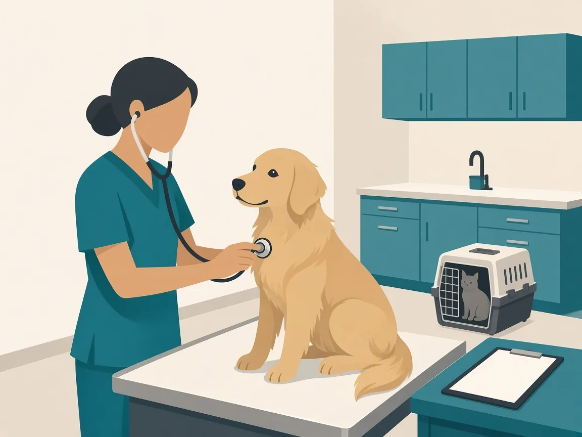 Illustration of a veterinarian listening to a dog during a wellness checkup
