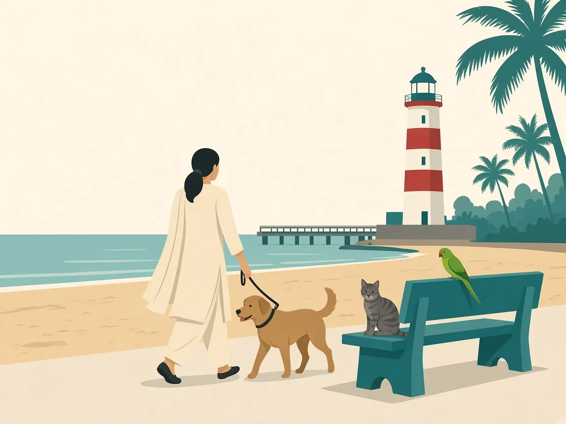 Illustration of families with a dog, a cat, and a bird at Chennai Marina Beach lighthouse