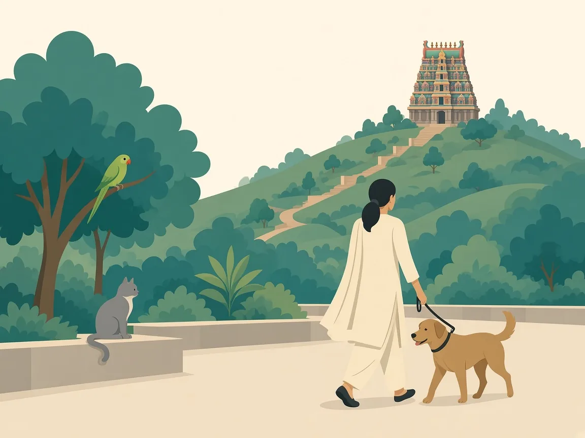 Illustration of a pet parent walking toward Coimbatore’s Marudamalai hill temple