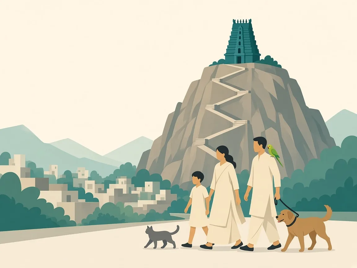 Illustration of a family with pets below Hosur’s Chandra Choodeswarar hill temple
