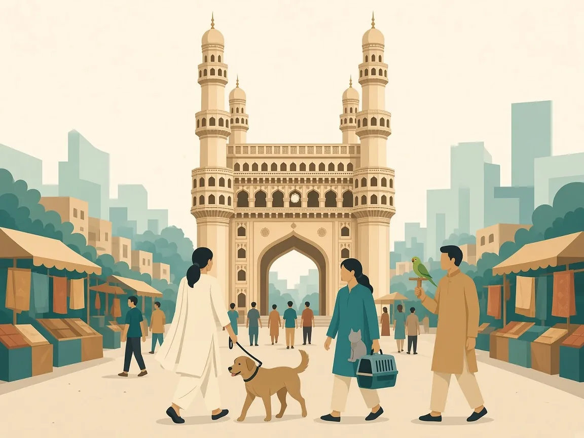 Illustration of pet parents walking near Hyderabad’s Charminar