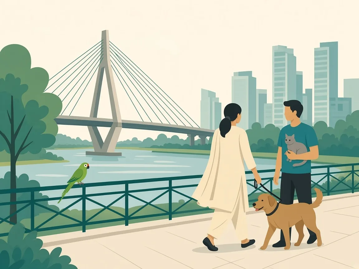 Illustration of pet parents along the Yamuna with Noida’s skyline and flyway