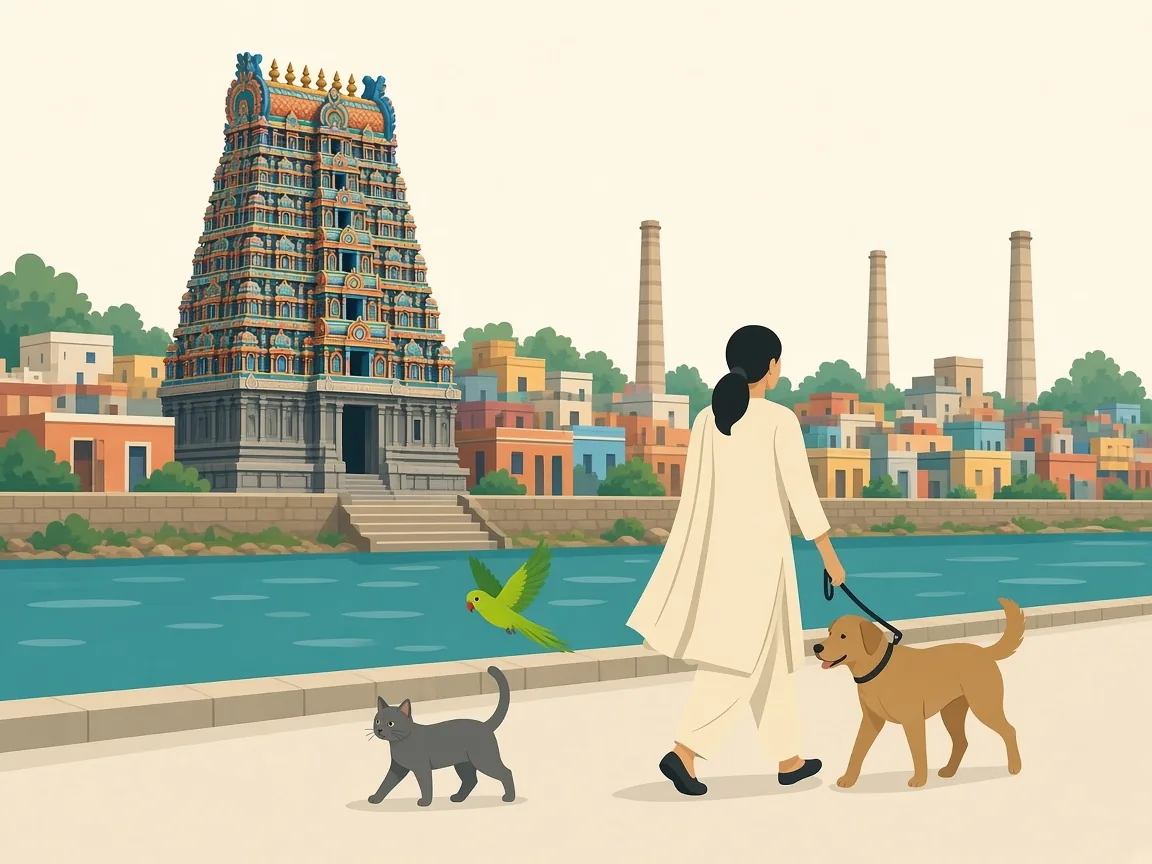 Illustration of pet parents by the Noyyal river and a Tiruppur temple gopuram