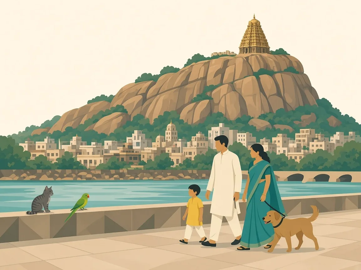 Illustration of a family with pets along the Cauvery beneath Trichy’s Rockfort