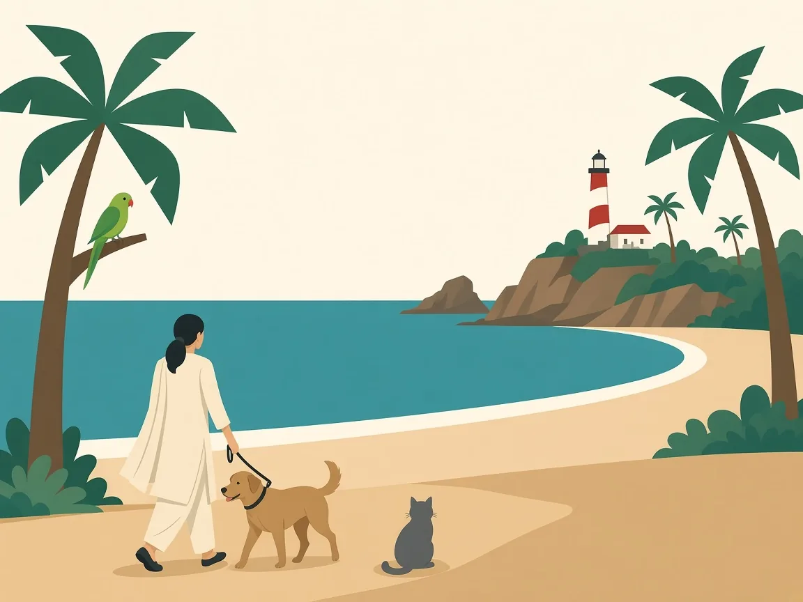 Illustration of pets on Kovalam Beach beneath the Trivandrum lighthouse